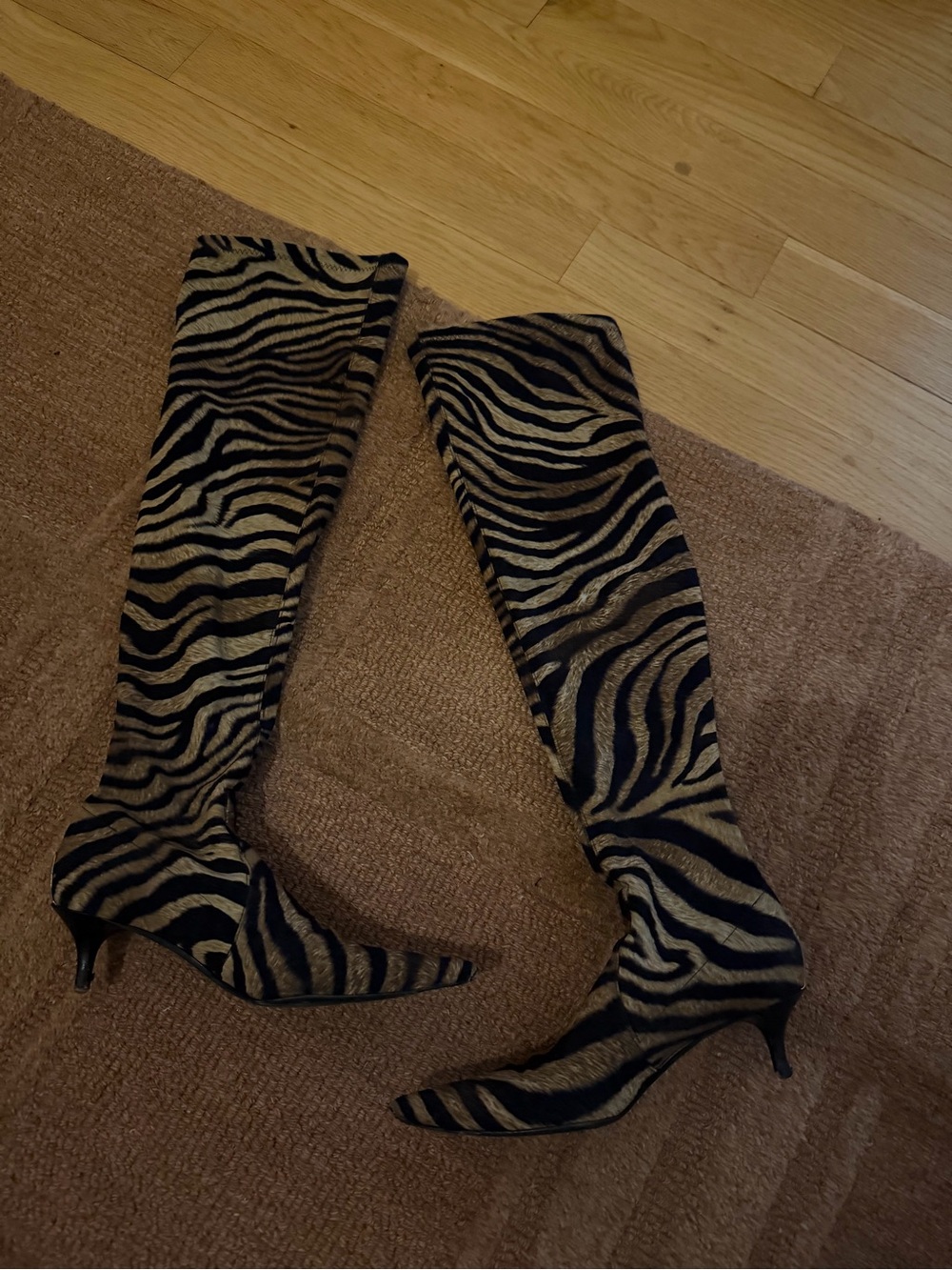 Donald J. Pliner Over-the-Knee Zebra Print Kitten Heel Boots - Black & Tan